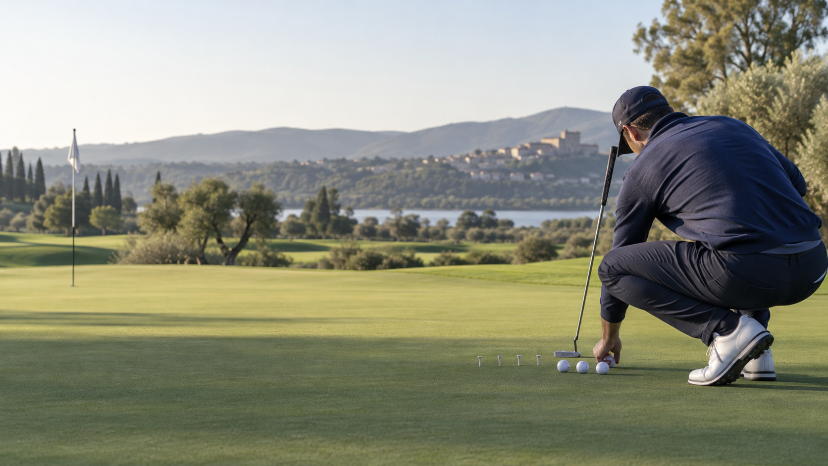 Golfista preparando tres bolas y tees en un putting green antes de jugar